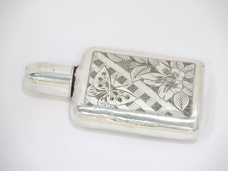 6.25 in - Sterling Silver Antique Japanese Flower Butterfly Flask