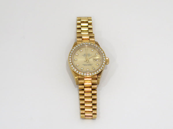 Pre-owned Rolex Datejust 18K Gold Diamond Dial Bezel Ladies Watch