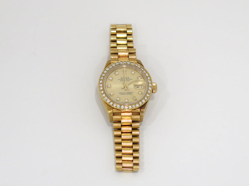 Pre-owned Rolex Datejust 18K Gold Diamond Dial Bezel Ladies Watch