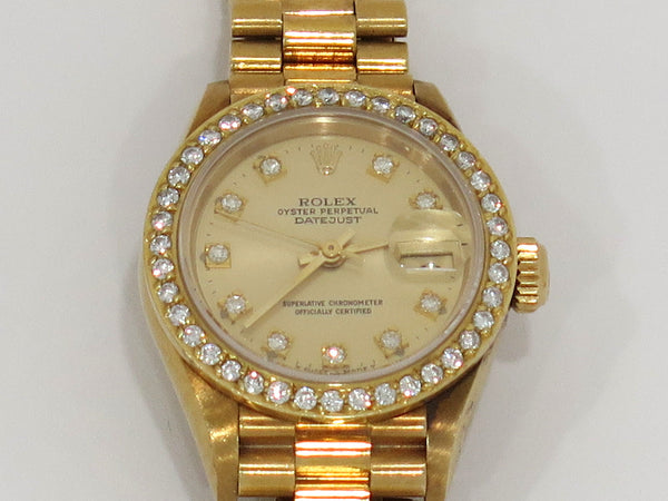 Pre-owned Rolex Datejust 18K Gold Diamond Dial Bezel Ladies Watch