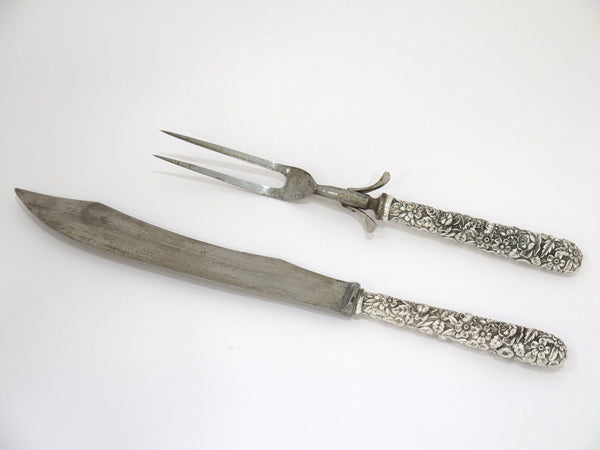 Sterling Silver Steel Kirk & Son Antique Floral Repousse Carving Knife Fork Set