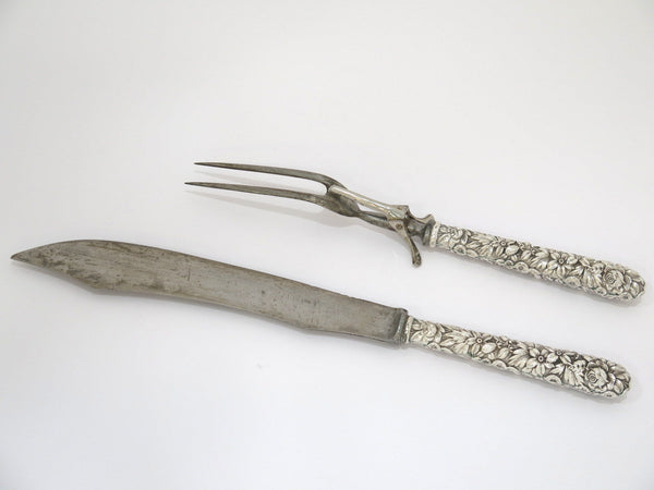 Sterling Silver Steel Kirk & Son Antique Floral Repousse Carving Knife Fork Set