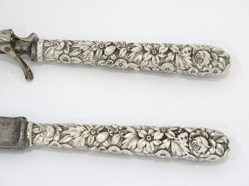 Sterling Silver Steel Kirk & Son Antique Floral Repousse Carving Knife Fork Set