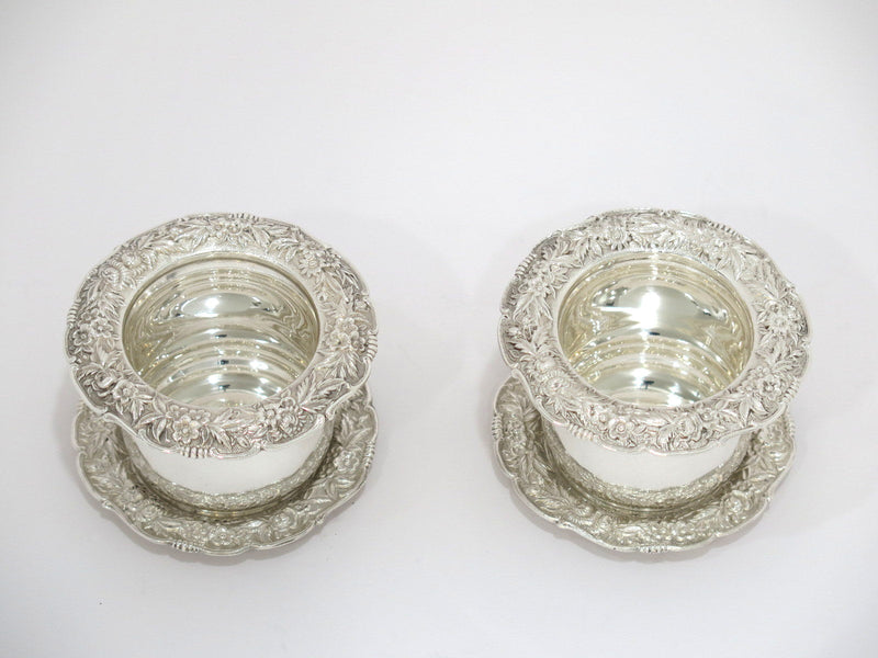 2 Sterling Silver Kirk & Son Antique Floral Repousse Toothpick Holders w Saucers