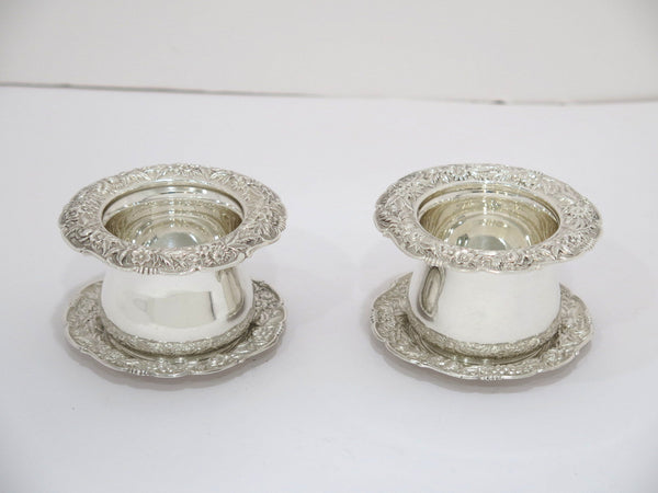 2 Sterling Silver Kirk & Son Antique Floral Repousse Toothpick Holders w Saucers