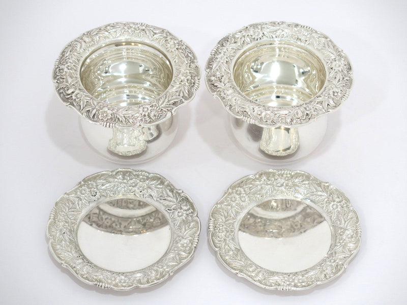 2 Sterling Silver Kirk & Son Antique Floral Repousse Toothpick Holders w Saucers