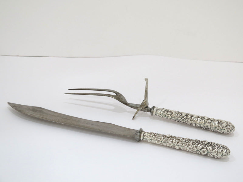 Sterling Silver Steel Kirk & Son Antique Floral Repousse Carving Knife Fork Set