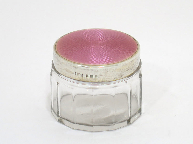 2 1/8 in - Sterling Silver Crystal Antique English Pink Guilloche Jar