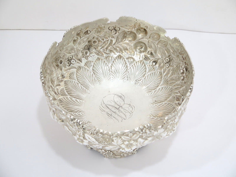 8.5" Sterling Silver Jacobi & Jenkins Antique Fruit Floral Repousse Footed Bowl