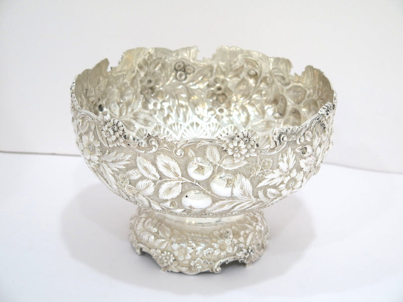 8.5" Sterling Silver Jacobi & Jenkins Antique Fruit Floral Repousse Footed Bowl