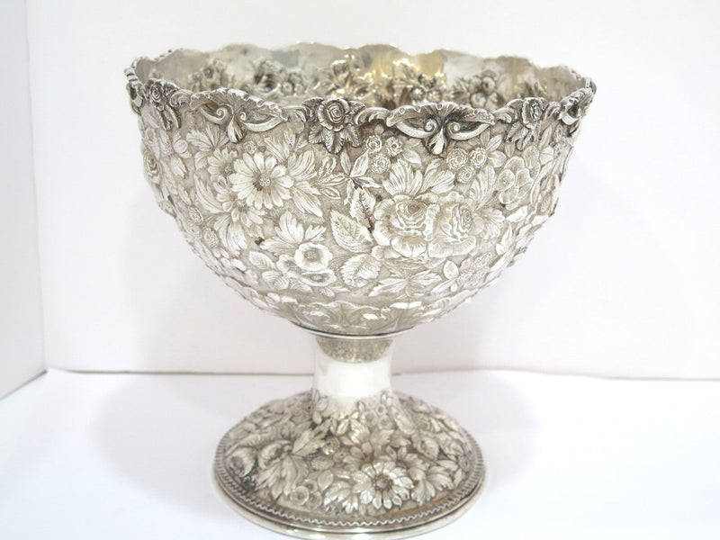 10 3/8 in - Sterling Silver Justis & Armiger Antique Floral Repousse Footed Bowl