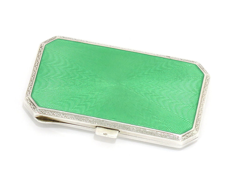3 1/8" Sterling Silver Green Guilloche Antique London Import Mark Cigarette Case