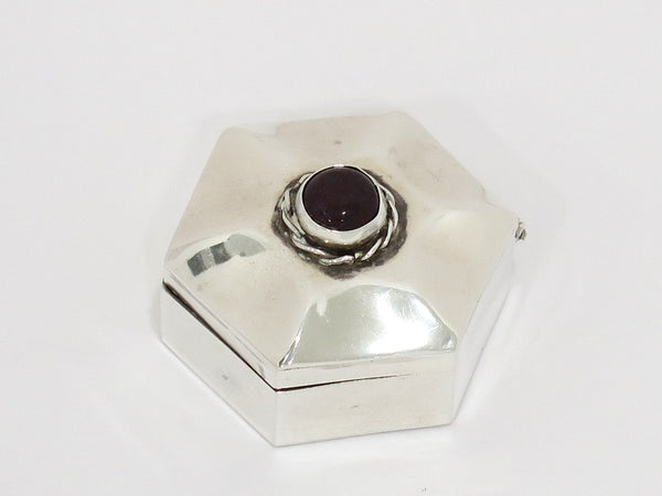 1.25 in Sterling Silver Taxco Vintage Mexican Faux Amethyst Center Hex Pill Box