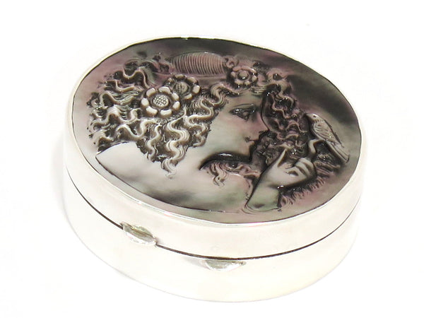 1.75" Sterling Silver Mother of Pearl Vintage English Girl w/ Bird Oval Pill Box