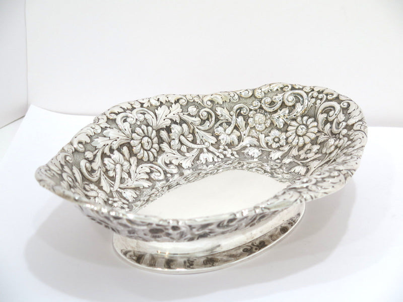 Pair of 12" Sterling Silver Antique English Floral Repousse Footed Serving Bowls