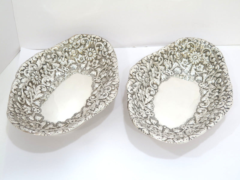 Pair of 12" Sterling Silver Antique English Floral Repousse Footed Serving Bowls