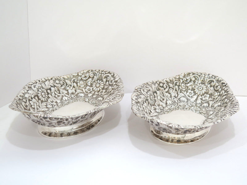 Pair of 12" Sterling Silver Antique English Floral Repousse Footed Serving Bowls