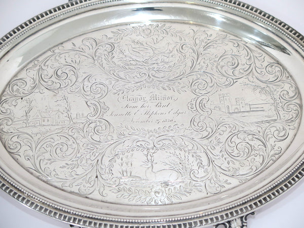 12 in - Sterling Silver Gale & Son Antique c. 1850 Ornate Footed Oval Tray