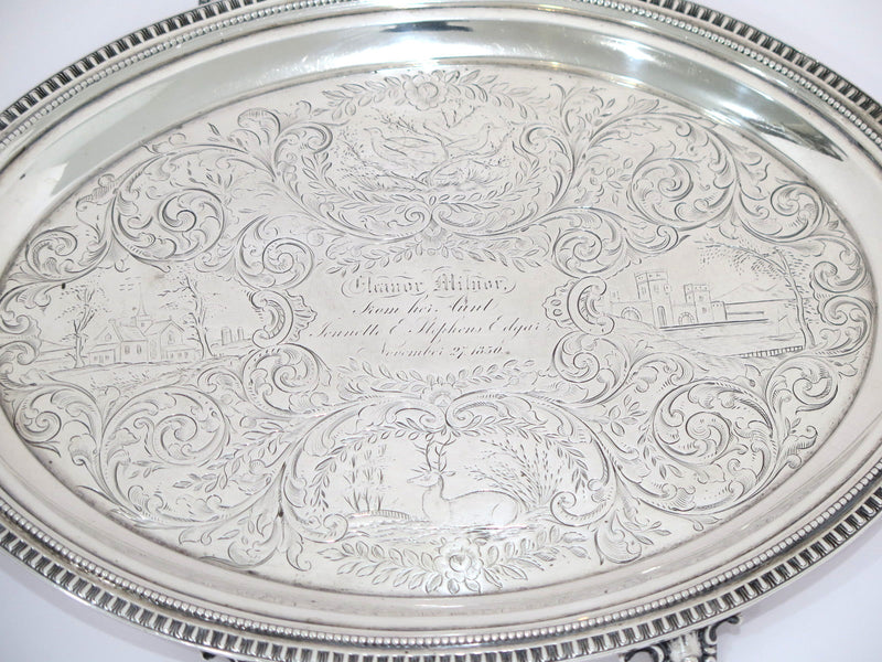 12 in - Sterling Silver Gale & Son Antique c. 1850 Ornate Footed Oval Tray