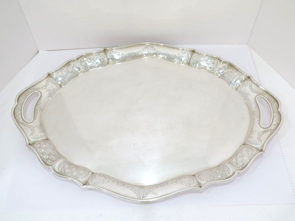 25 in Sterling Silver Marcus & Co., New York Antique Checkered Floral Oval Tray