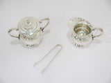 Sterling Silver Antique Japanese Mini Sugar Bowl, Creamer & Sugar Tongs Set