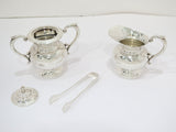 Sterling Silver Antique Japanese Mini Sugar Bowl, Creamer & Sugar Tongs Set