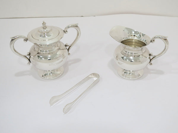 Sterling Silver Antique Japanese Mini Sugar Bowl, Creamer & Sugar Tongs Set