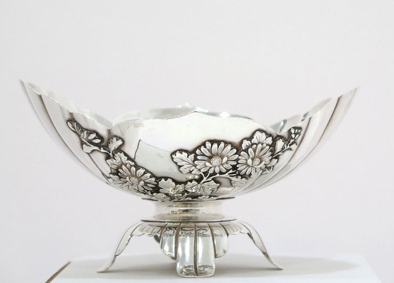 6.5 in - Sterling Silver Antique Japanese Chrysanthemum Footed Candy Nut Dish