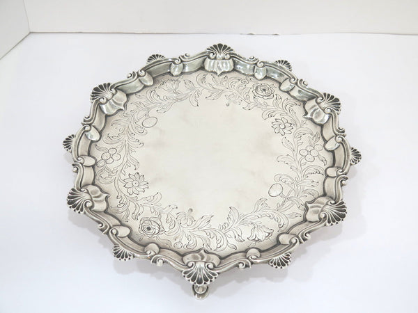 12 in - Sterling Silver Antique English 1763 Floral Footed Round Tray