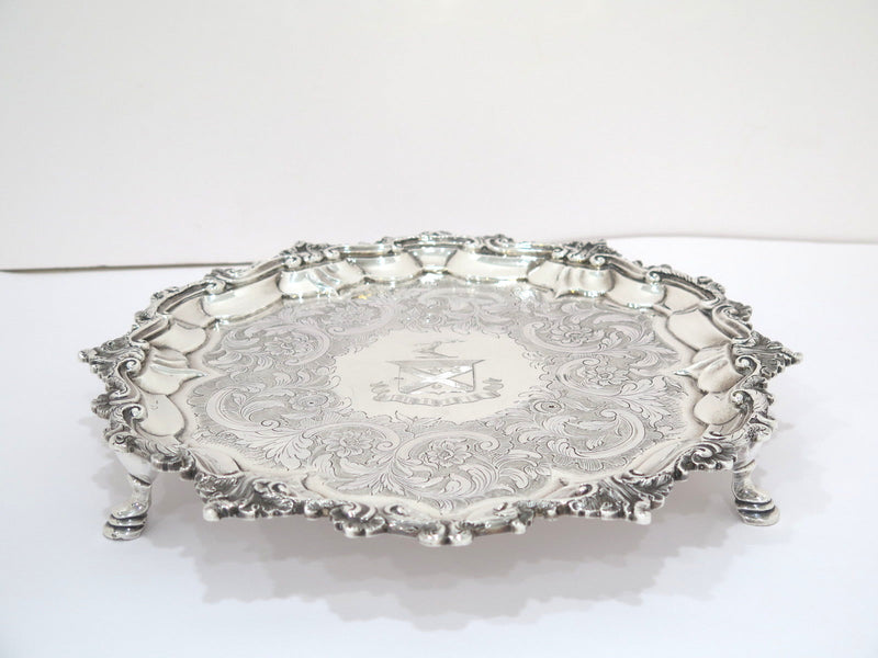 11.75" Sterling Silver Antique English 1752 Floral Heraldic Insignia Footed Tray