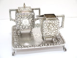 Coin Silver Antique Bailey Floral Repousse Sugar Bowl, Creamer & Kirk Tray Set