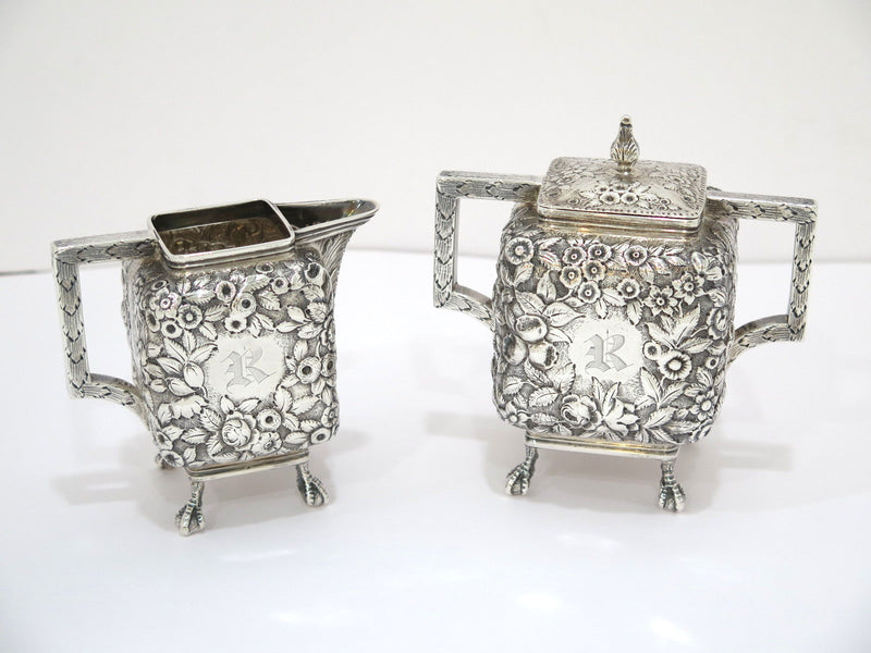 Coin Silver Antique Bailey Floral Repousse Sugar Bowl, Creamer & Kirk Tray Set