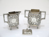 Coin Silver Antique Bailey Floral Repousse Sugar Bowl, Creamer & Kirk Tray Set