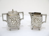 Coin Silver Antique Bailey Floral Repousse Sugar Bowl, Creamer & Kirk Tray Set