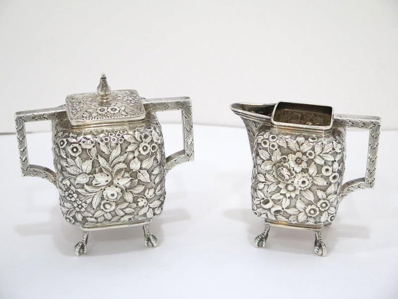 Coin Silver Antique Bailey Floral Repousse Sugar Bowl, Creamer & Kirk Tray Set