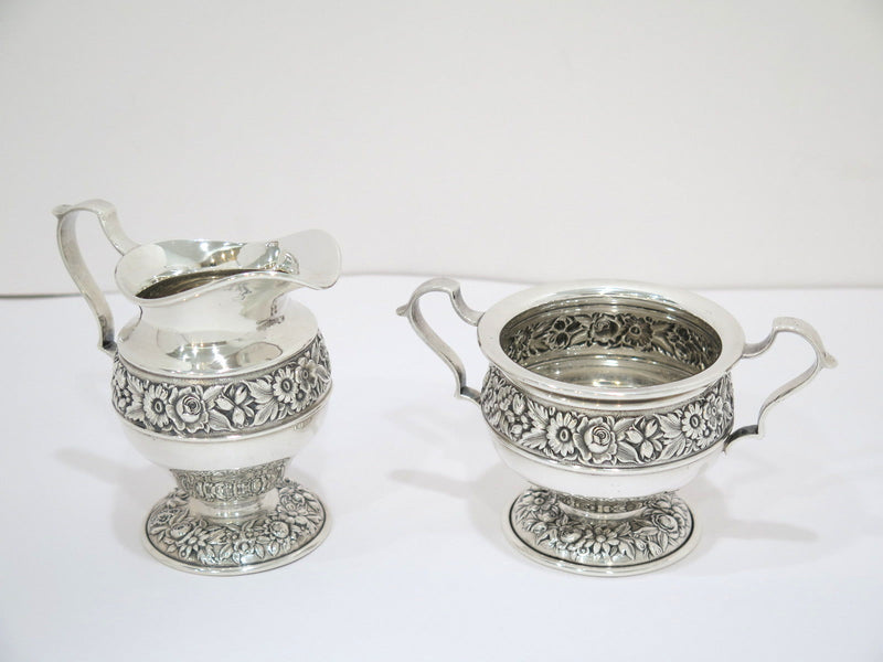 Sterling Silver Kirk & Son Antique Floral Repousse Mini Sugar Bowl & Creamer Set