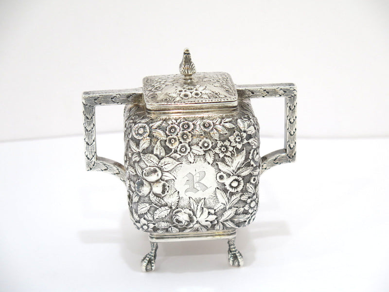 Coin Silver Antique Bailey Floral Repousse Sugar Bowl, Creamer & Kirk Tray Set