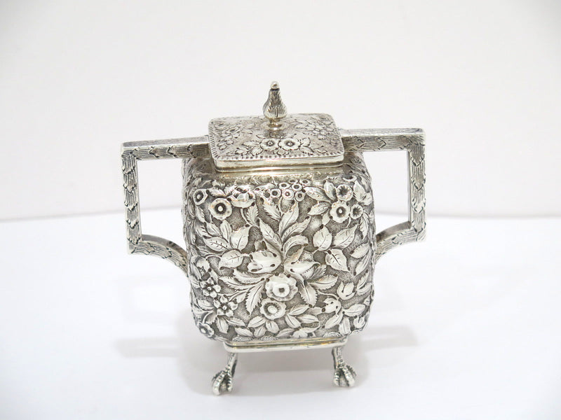 Coin Silver Antique Bailey Floral Repousse Sugar Bowl, Creamer & Kirk Tray Set