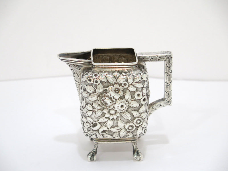 Coin Silver Antique Bailey Floral Repousse Sugar Bowl, Creamer & Kirk Tray Set