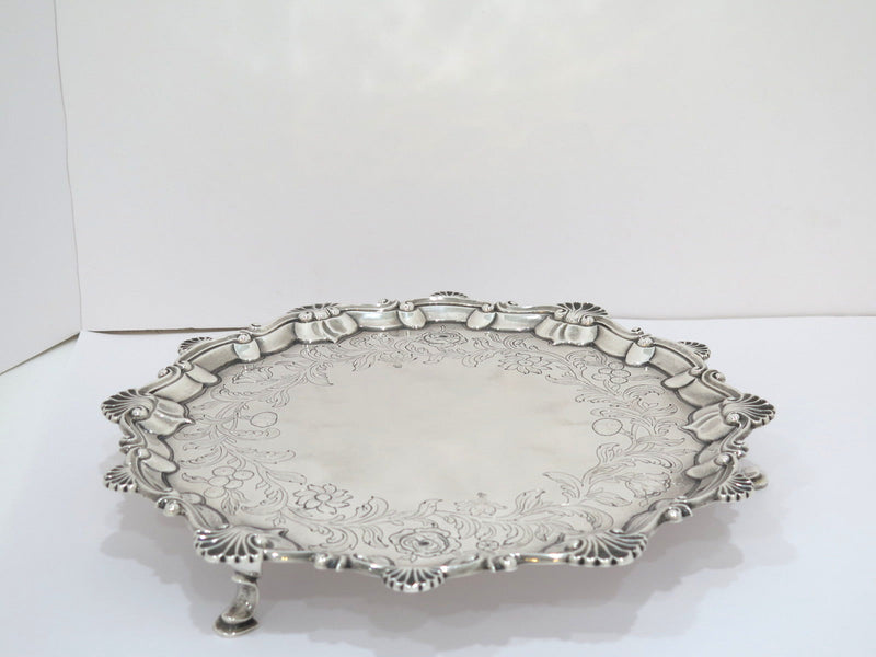 12 in - Sterling Silver Antique English 1763 Floral Footed Round Tray