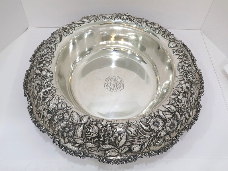 18 in - Sterling Silver S. Kirk & Son Antique Floral Repousse Bowl / Centerpiece