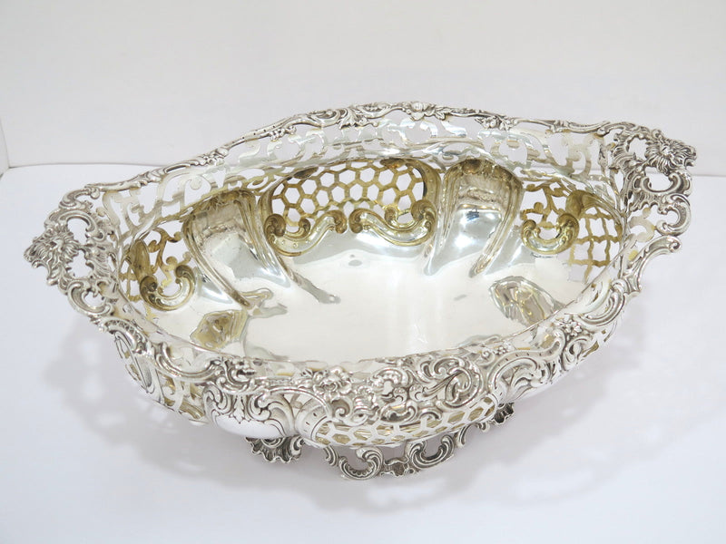 14 in - Sterling Silver Wallace Antique Floral Scroll Honeycomb Footed Basket