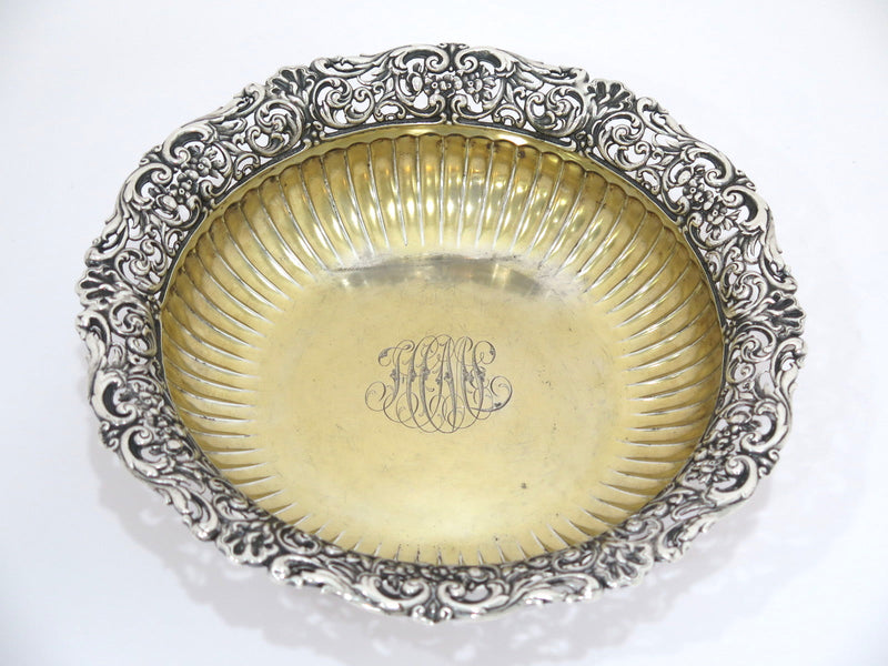 9.25 in - Sterling Silver Gilt Whiting Antique Floral Openwork Rim Serving Bowl