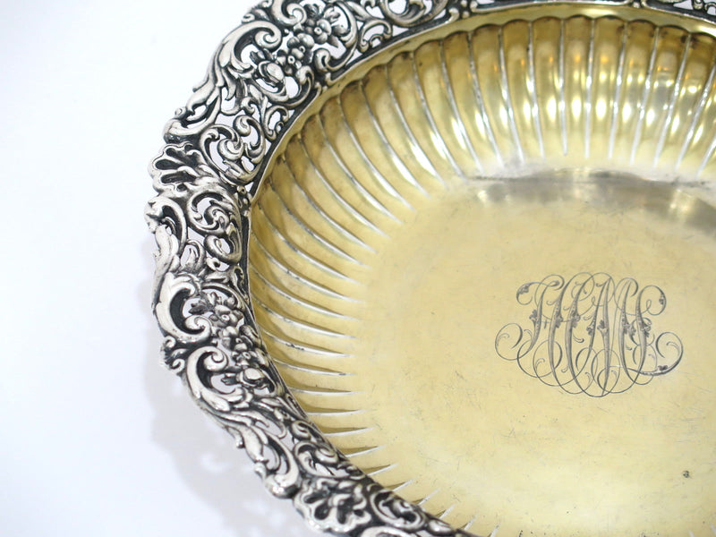 9.25 in - Sterling Silver Gilt Whiting Antique Floral Openwork Rim Serving Bowl