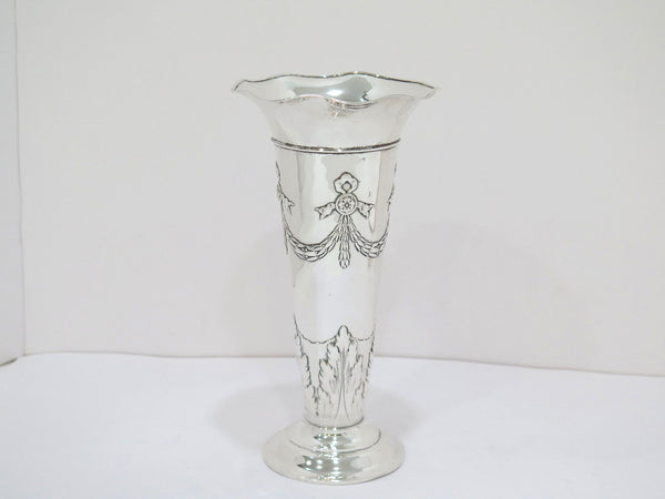 9.25 in Sterling Silver Graff, Washbourne & Dunn Antique Garlands Wavy Rim Vase