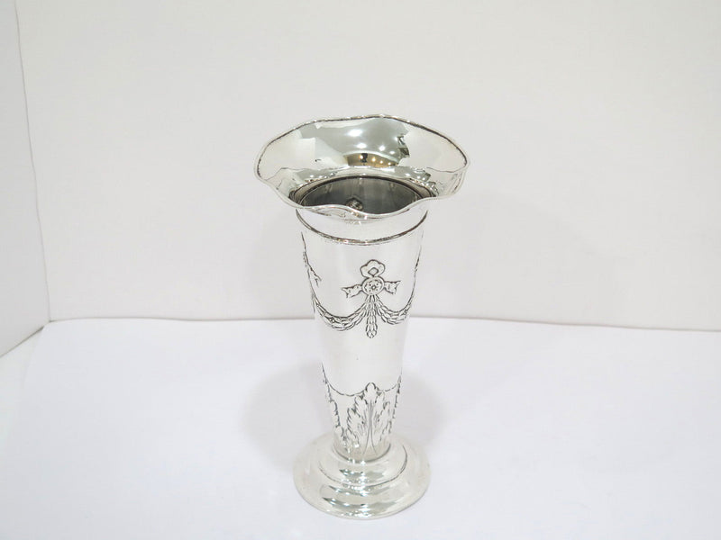 9.25 in Sterling Silver Graff, Washbourne & Dunn Antique Garlands Wavy Rim Vase