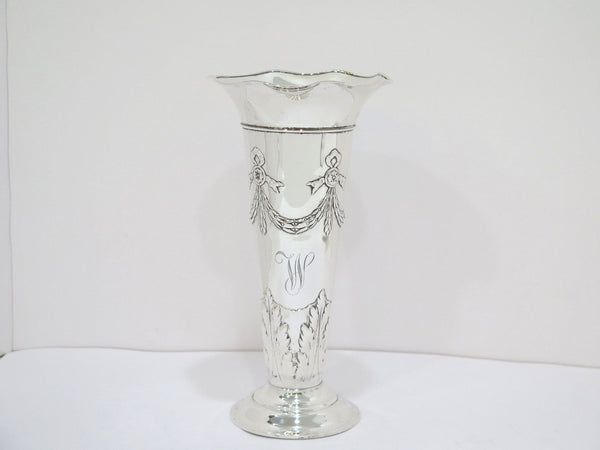 9.25 in Sterling Silver Graff, Washbourne & Dunn Antique Garlands Wavy Rim Vase