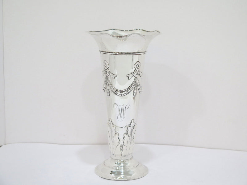 9.25 in Sterling Silver Graff, Washbourne & Dunn Antique Garlands Wavy Rim Vase