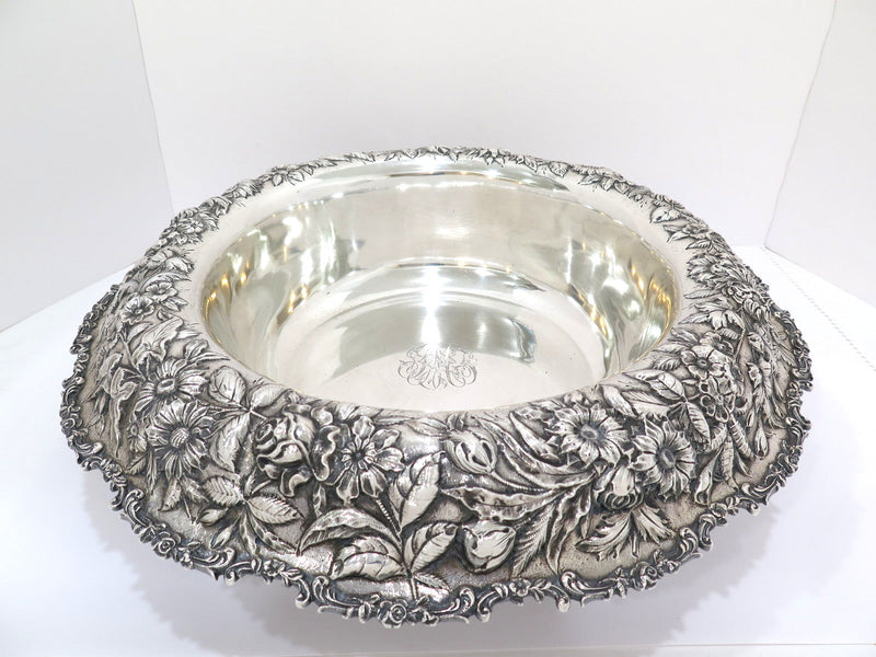 18 in - Sterling Silver S. Kirk & Son Antique Floral Repousse Bowl / Centerpiece