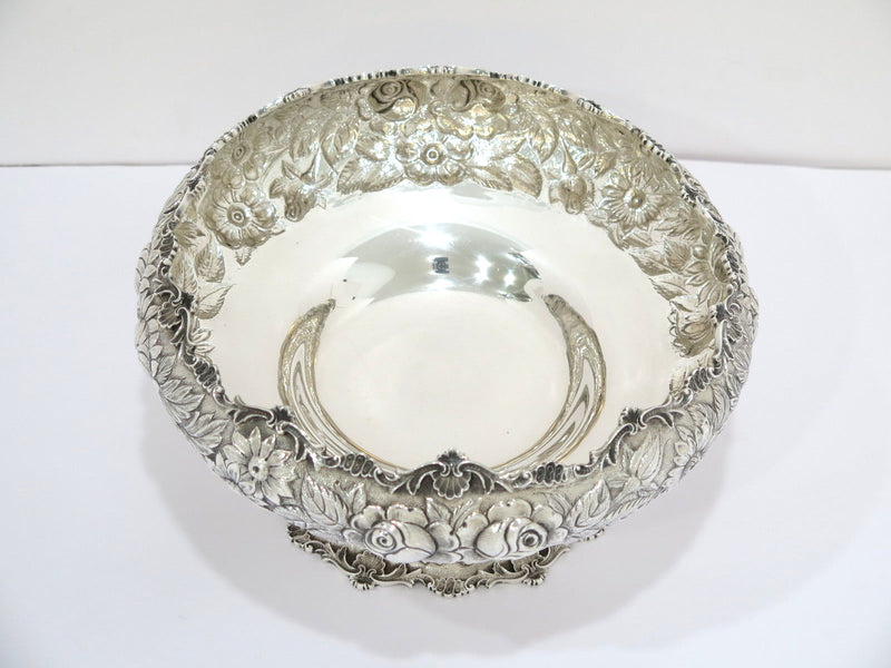 10 in Sterling Silver S. Kirk & Son Antique Floral Repousse Footed Serving Bowl